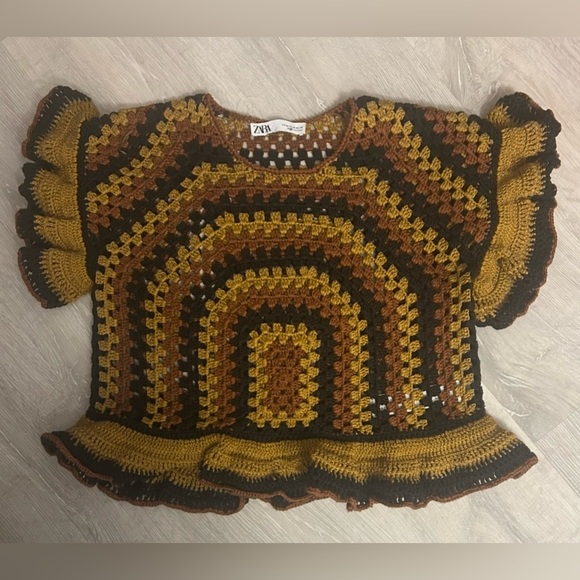 Zara Sz M Multicolour Brown and Black Crochet Top Ruffles - Picture 3 of 9